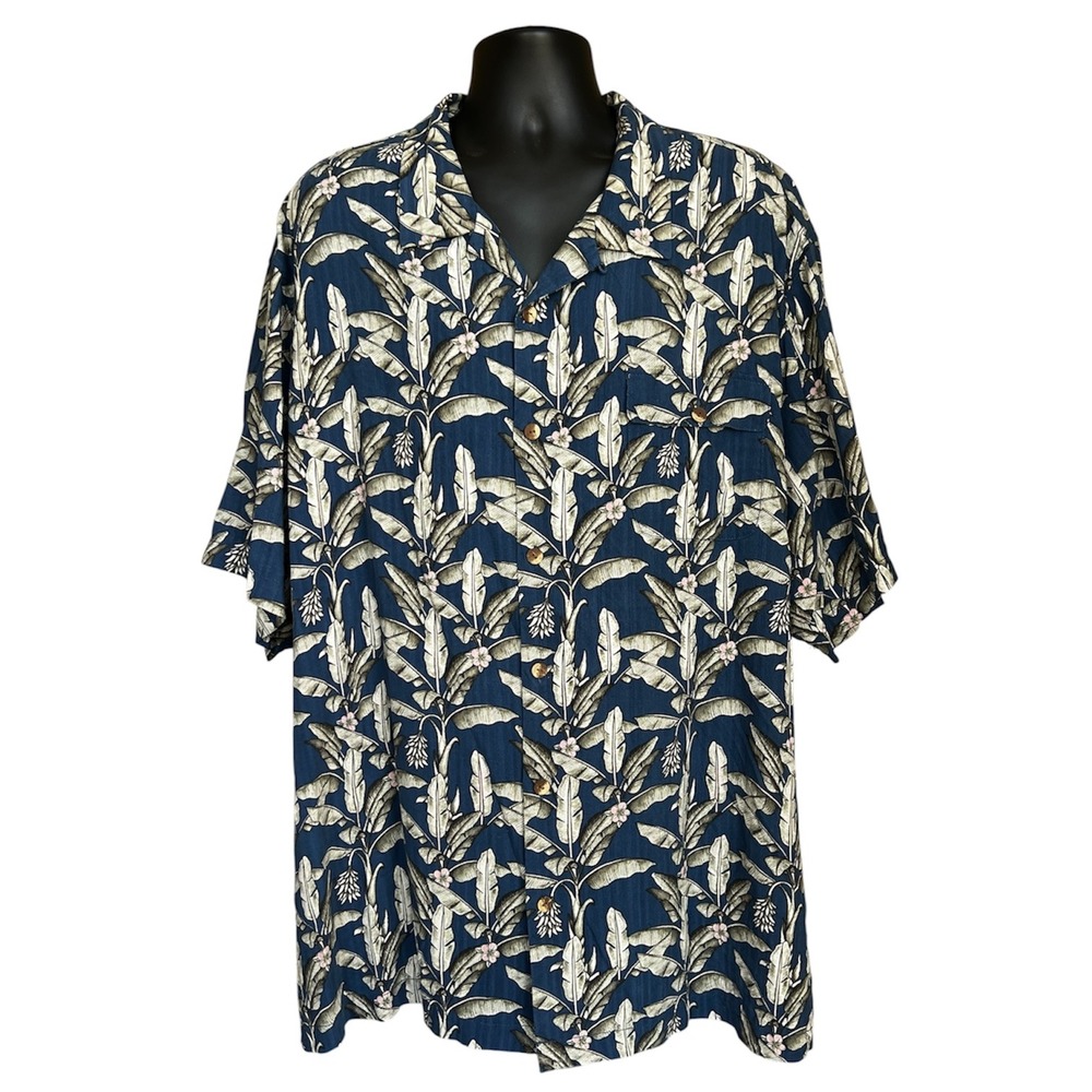 Tommy Bahama Mens 3XB Blue 100% Silk‎ Hawaiian Tropical Banana Leaf Camp Shirt